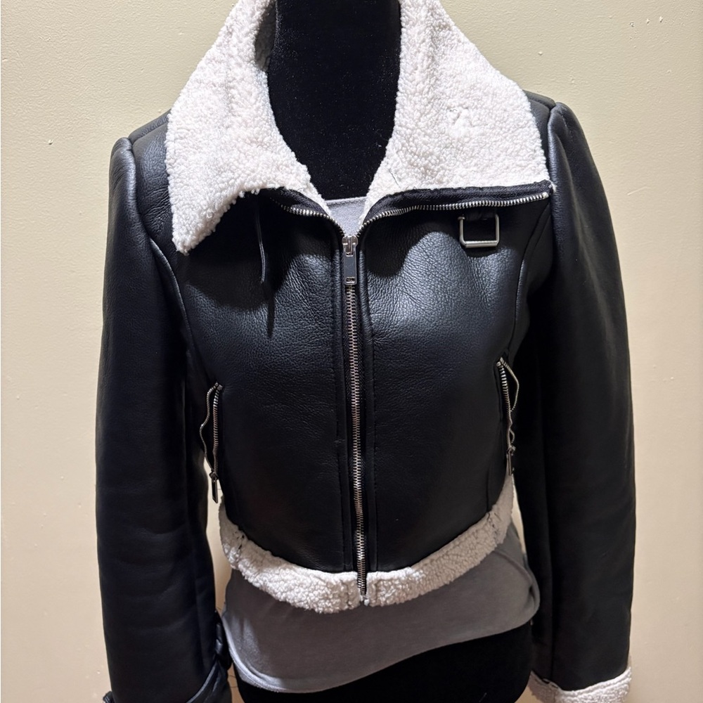 Boohoo Black and Cream Leather Jacket